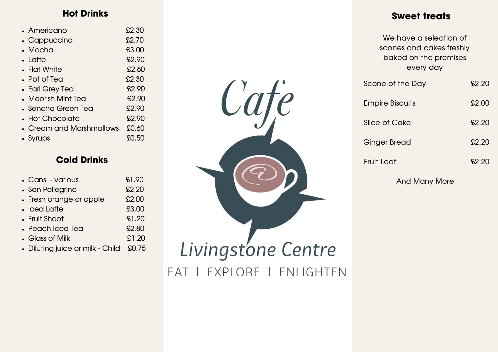 Livingstone’s Café Sample Breakfast Menu